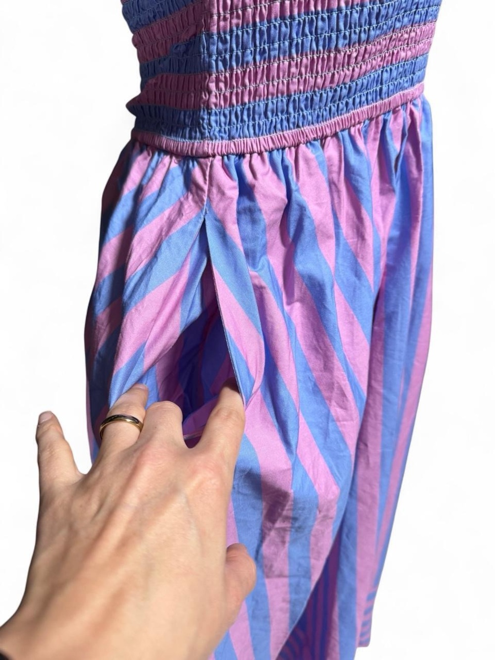 Ivy City Co Hattie Pink & Blue Striped Smocked Midi Dress Cottagecore Size S - Picture 3 of 6